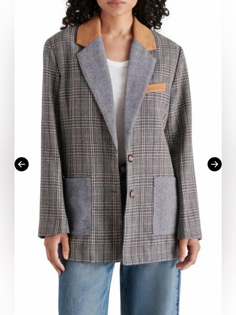 Steve Madden Gray Plaid Blazer with Tan suede Accents. Slouchy Blazer size S
